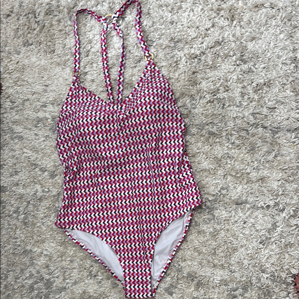 Kona Sol Womens Red Blue Geometric Chevron One Piece Swimsuit Size 18 Strappy